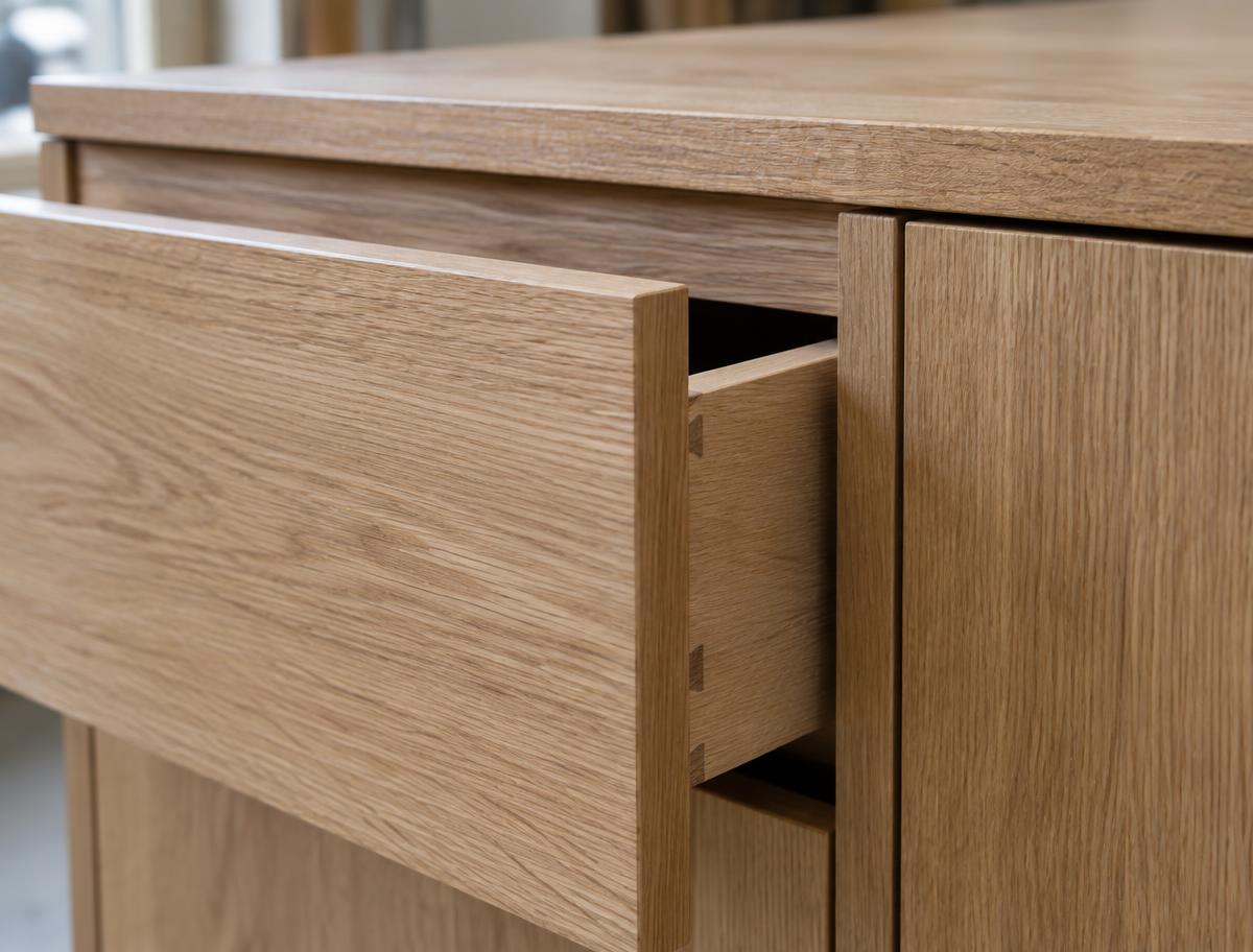 Sfeerbeeld: detail van een kast met een houten lade
